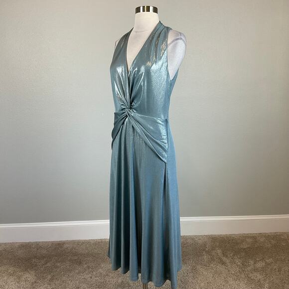 Ralph Lauren A-Line Cocktail Dress Size 8 Metallic Silver Blue Sleeveless Midi - Picture 4 of 10